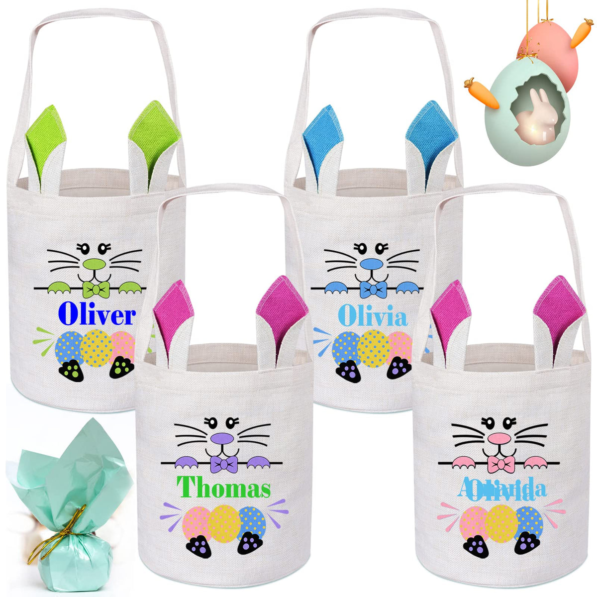 Touber Personalized Easter Baskets for Kids, 4 Pcs Easter Bunny Basket Ideas Easter Gifts for Baskets Easter Baskets with Name Easter Egg Hunt Basket