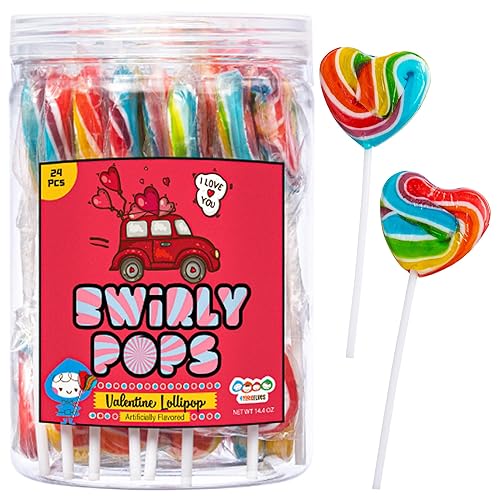 24 Heart Rainbow Lollipops Individually Wrapped, Bursting with Fruity Flavor, Great Swirl Lollipops for Kids Birthday Parties, Valentines Lollipop