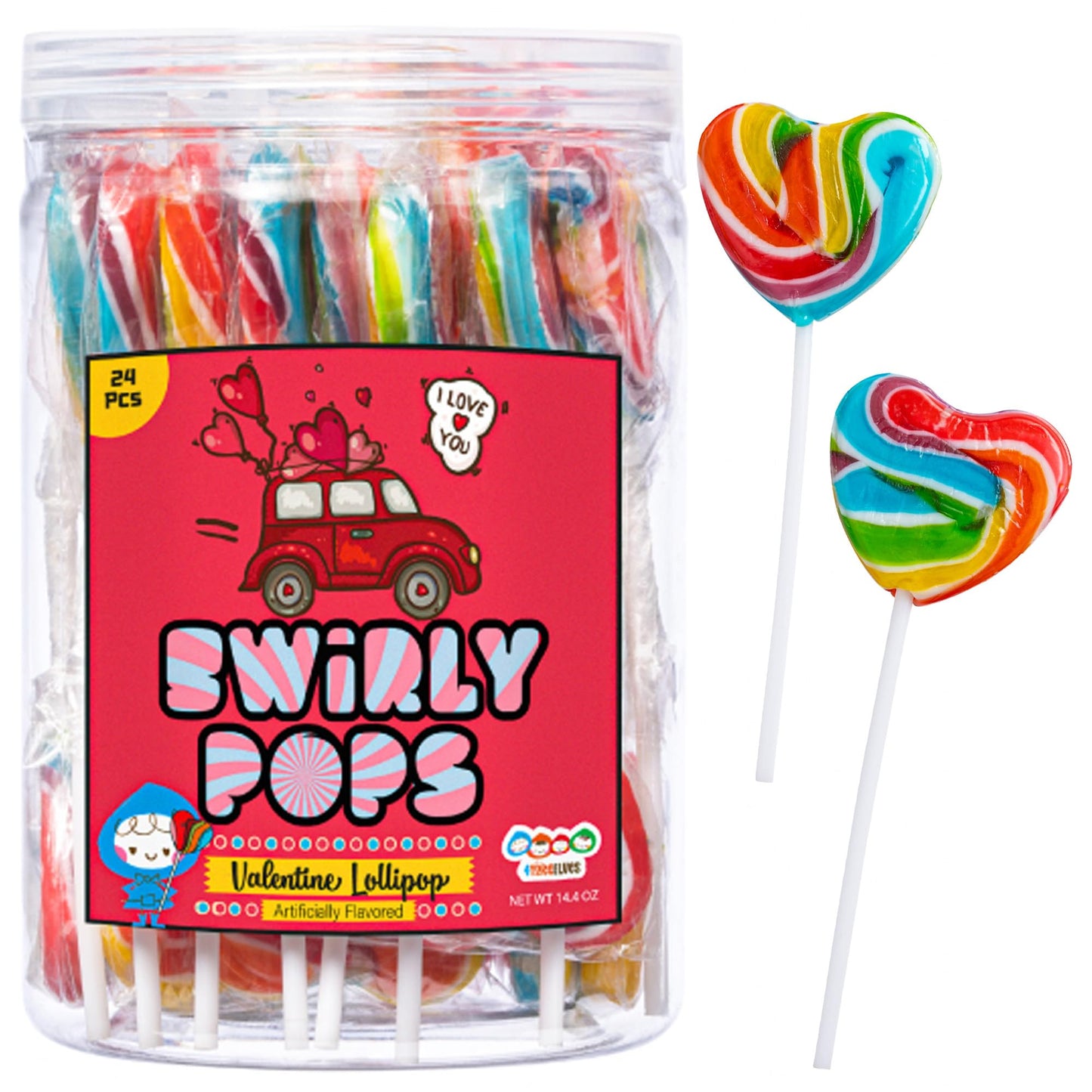 24 Heart Rainbow Lollipops Individually Wrapped, Bursting with Fruity Flavor, Great Swirl Lollipops for Kids Birthday Parties, Valentines Lollipop