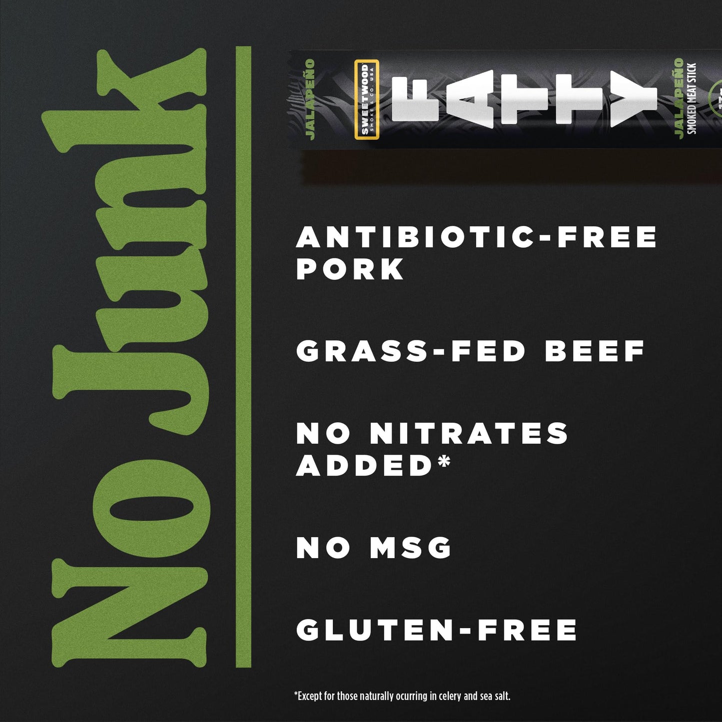 FATTY Meat Sticks, Made with Grass Fed Beef, Pork Raised Without Antibiotics, 13g Protein Per Stick, Jalapeno, 2 oz. (Pack of 5)