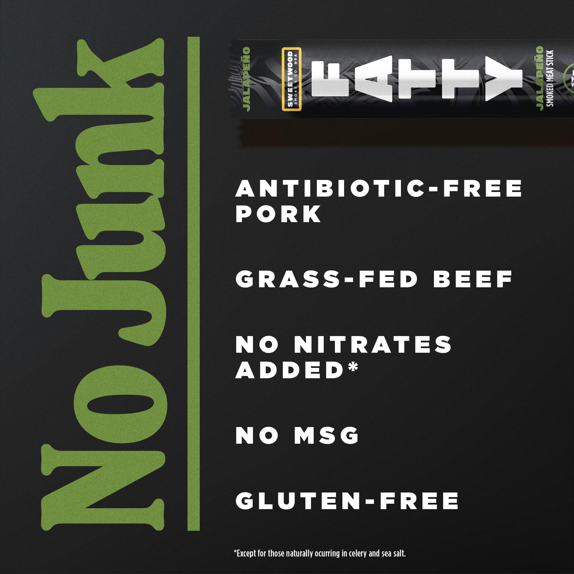 FATTY Meat Sticks, Made with Grass Fed Beef, Pork Raised Without Antibiotics, 13g Protein Per Stick, Jalapeno, 2 oz. (Pack of 5)