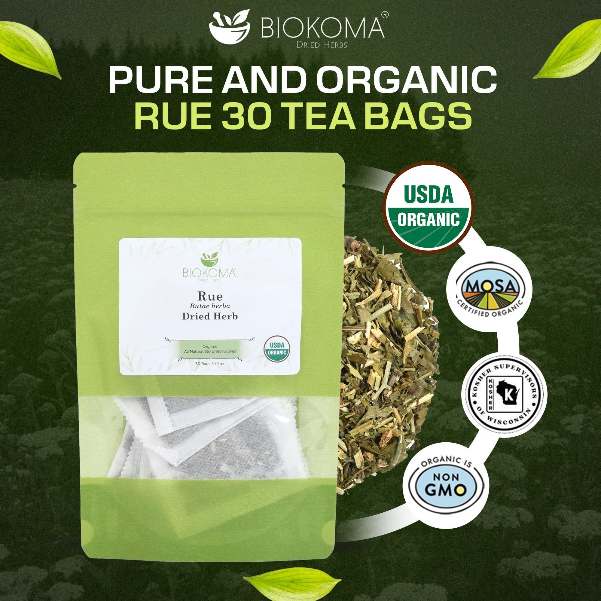 Biokoma Organic Rue Dried Herb 30 Tea Bags Pure Leaf Ruta Graveolens USDA Organic Herbal Tea Aromatic Sachets Spiritual Use Resealable Moisture Proof