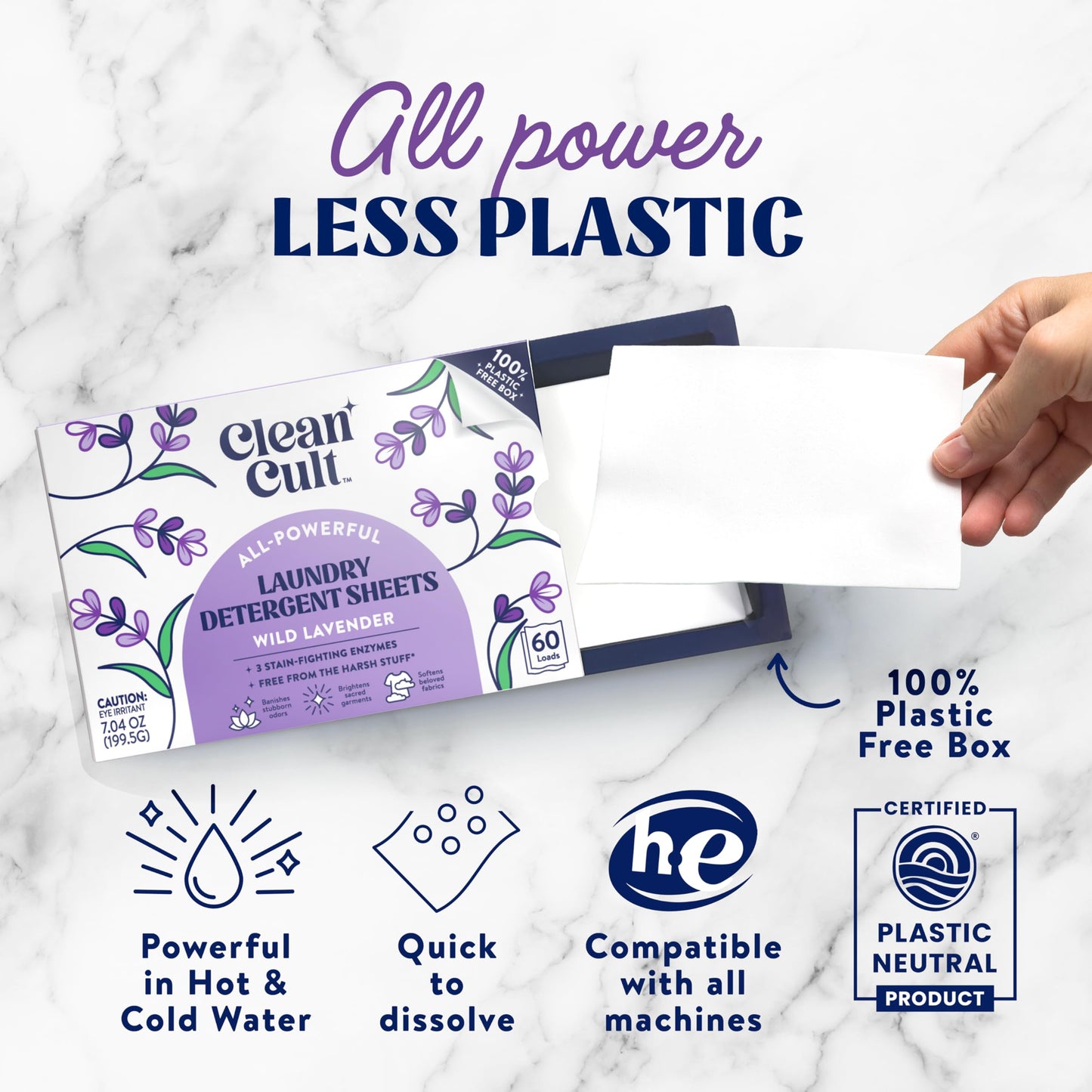 Cleancult Laundry Detergent Sheets - Resealable Box - 3 Stain Fighting Enzymes - Wild Lavender - 60 Loads - Free of Harsh Chemicals - No Mess - No