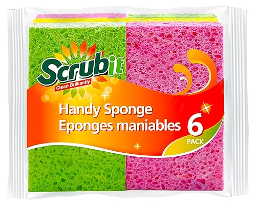 SCRUBIT Cellulose Scrub Sponge - Kitchen Cleaning Sponges for Dishes, Pans, Pots & More- 6 Pack Dishwashing Sponges - Colors and Packaging May Vary