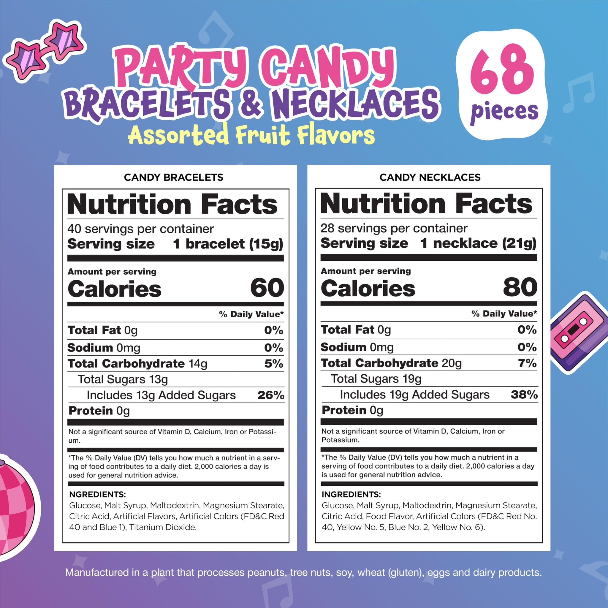 Candy Bracelets & Candy Necklaces - 2 Packs - 68 Count - Bulk Candy Individually Wrapped - Candy for Goodie Bags, Gifting, Party Favors, and Classroom