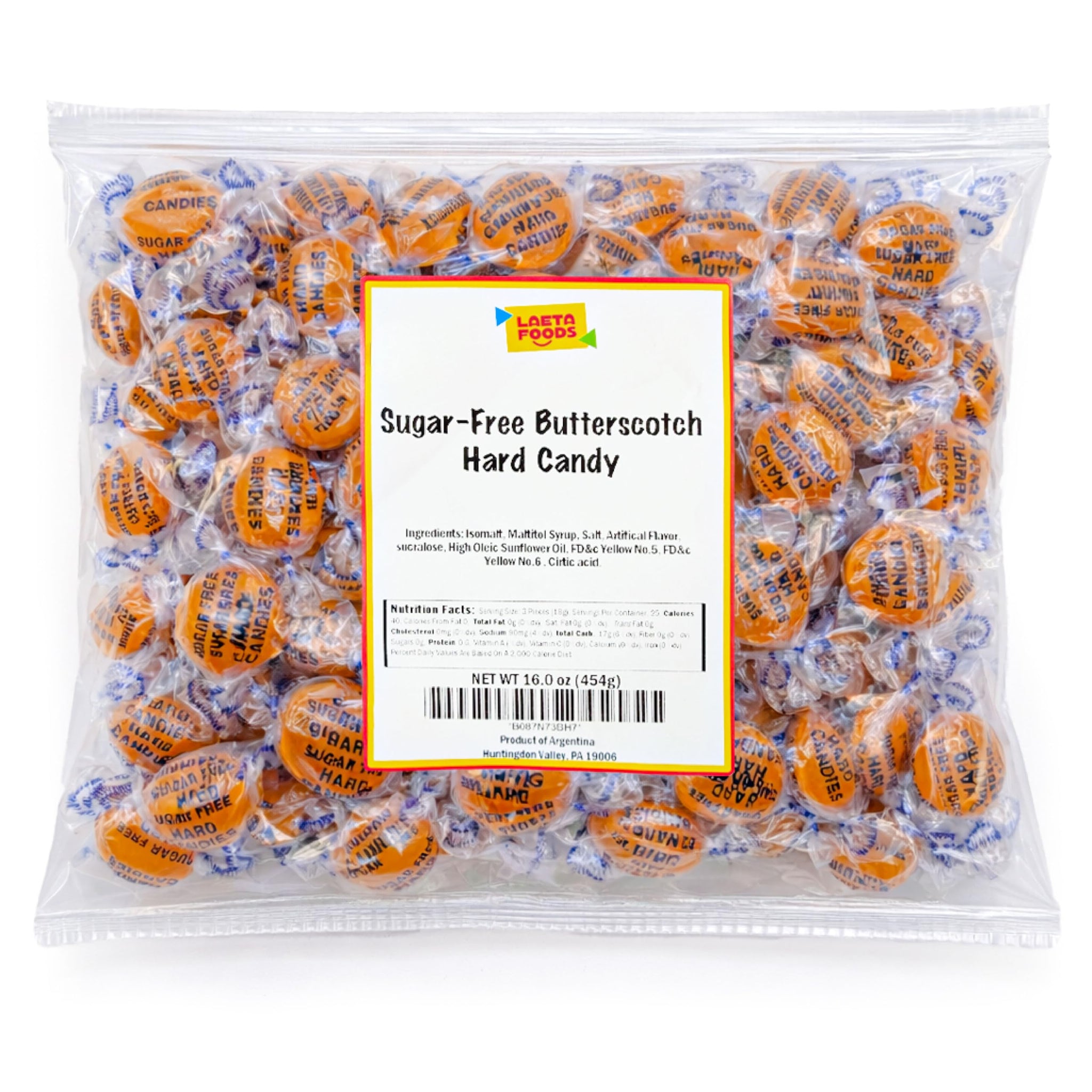 Sugar Free Butterscotch Hard Candy | 1 Lb Bag - Approx. 75 Pieces | Sugarless Candy Individually Wrapped | Old Fashioned Candies for Office Bowls