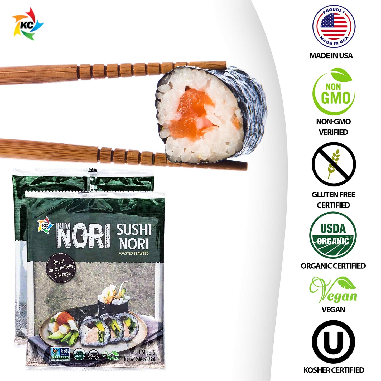 Kimnori Organic Roasted Seaweed Sushi Nori Sheets (30 Sheets, 3-Pack) - Professional Grade Full Size Nori for Sushi & Kimbap - California Crafted