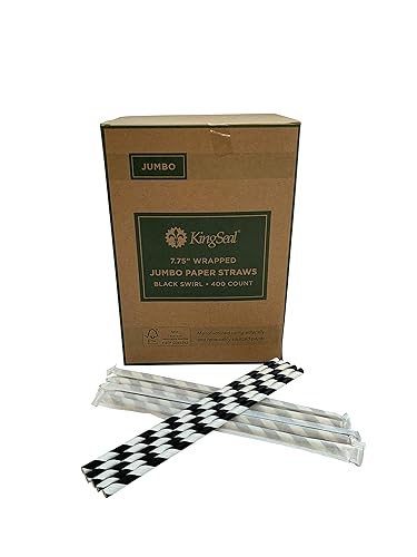 400 Count | Kingseal FSC Certified Disposable Paper Drinking Straws, Paper Wrapped, 7.75" Length x 6mm Diameter, Black Swirl Stripe, Biodegradable