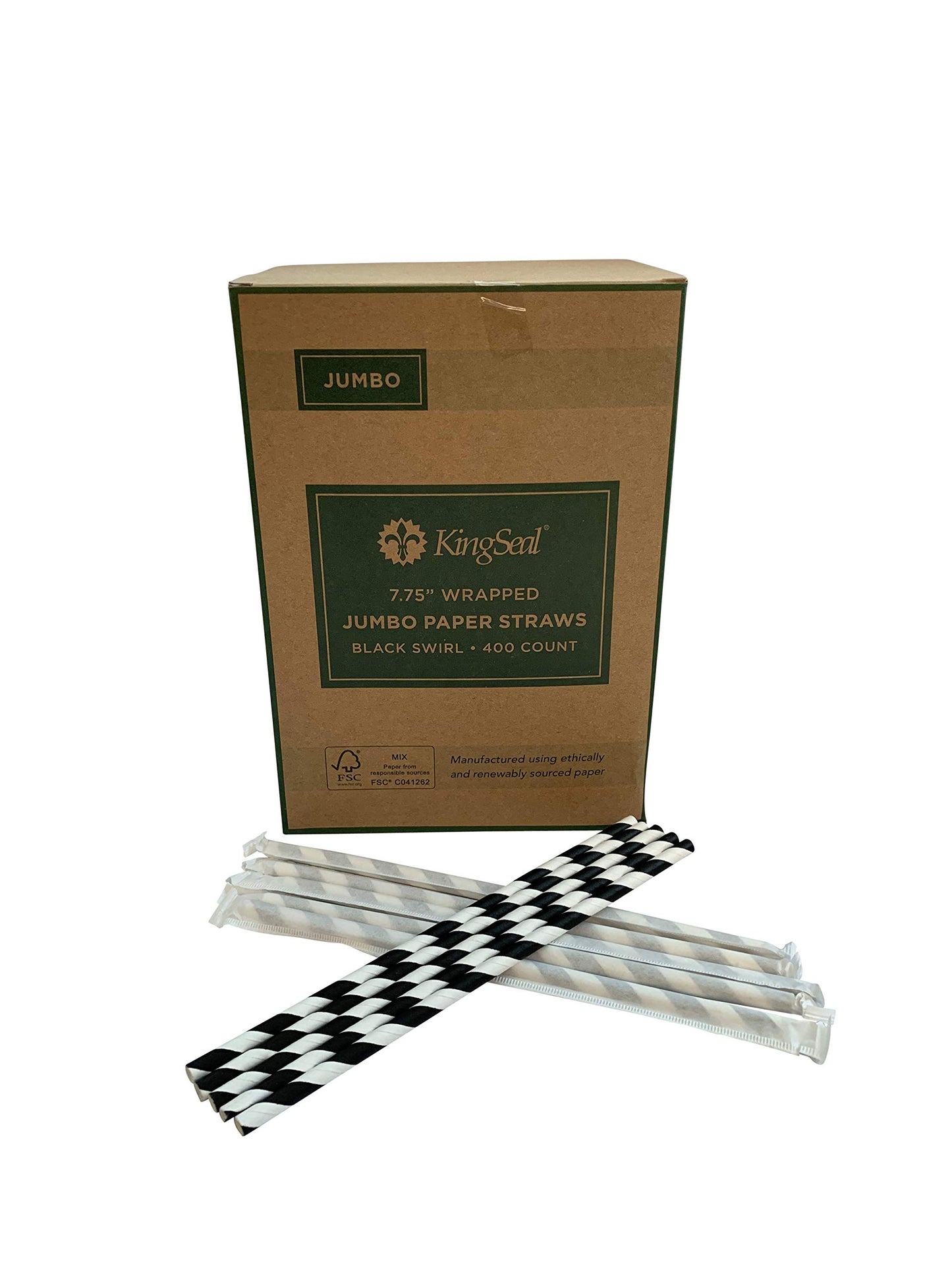 400 Count | Kingseal FSC Certified Disposable Paper Drinking Straws, Paper Wrapped, 7.75" Length x 6mm Diameter, Black Swirl Stripe, Biodegradable