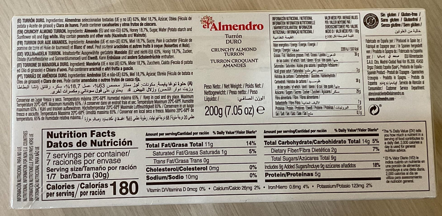 El Almendro Crunchy Almond Turron (3 PACK 7.05oz Each Bar)