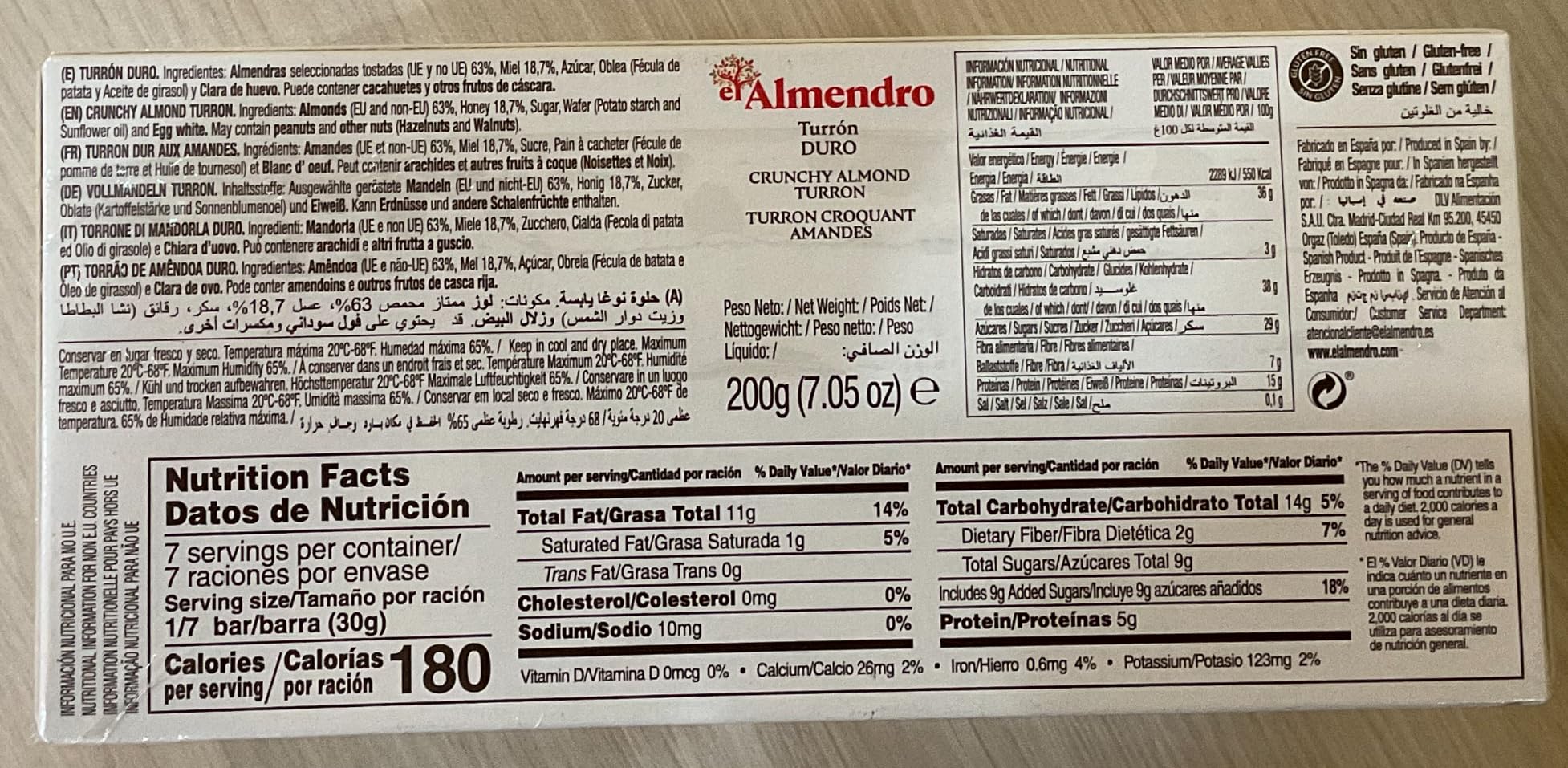 El Almendro Crunchy Almond Turron (3 PACK 7.05oz Each Bar)