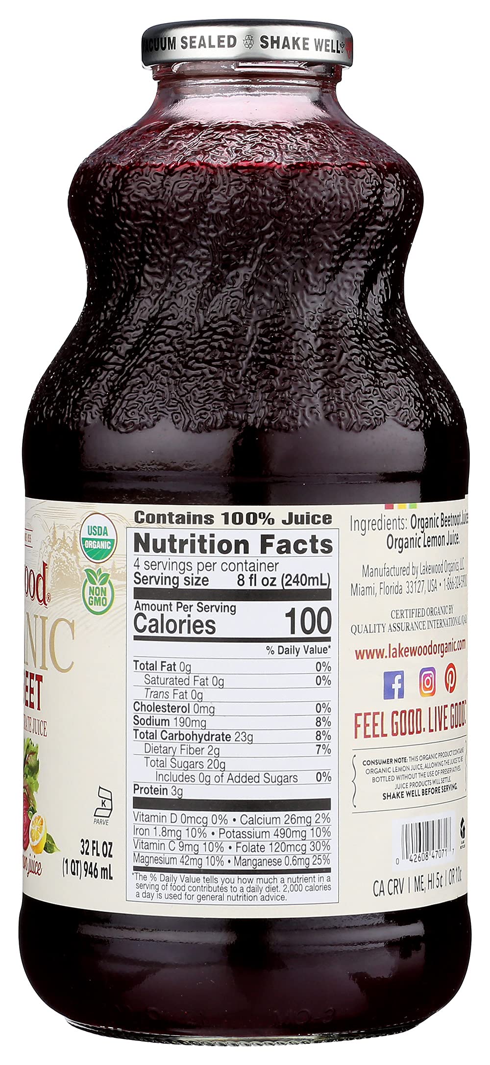 Lakewood Organic Pure Beet, Fresh Pressed, Beetroot, Bottle,Can, 32 Fl Oz, Pack of 6