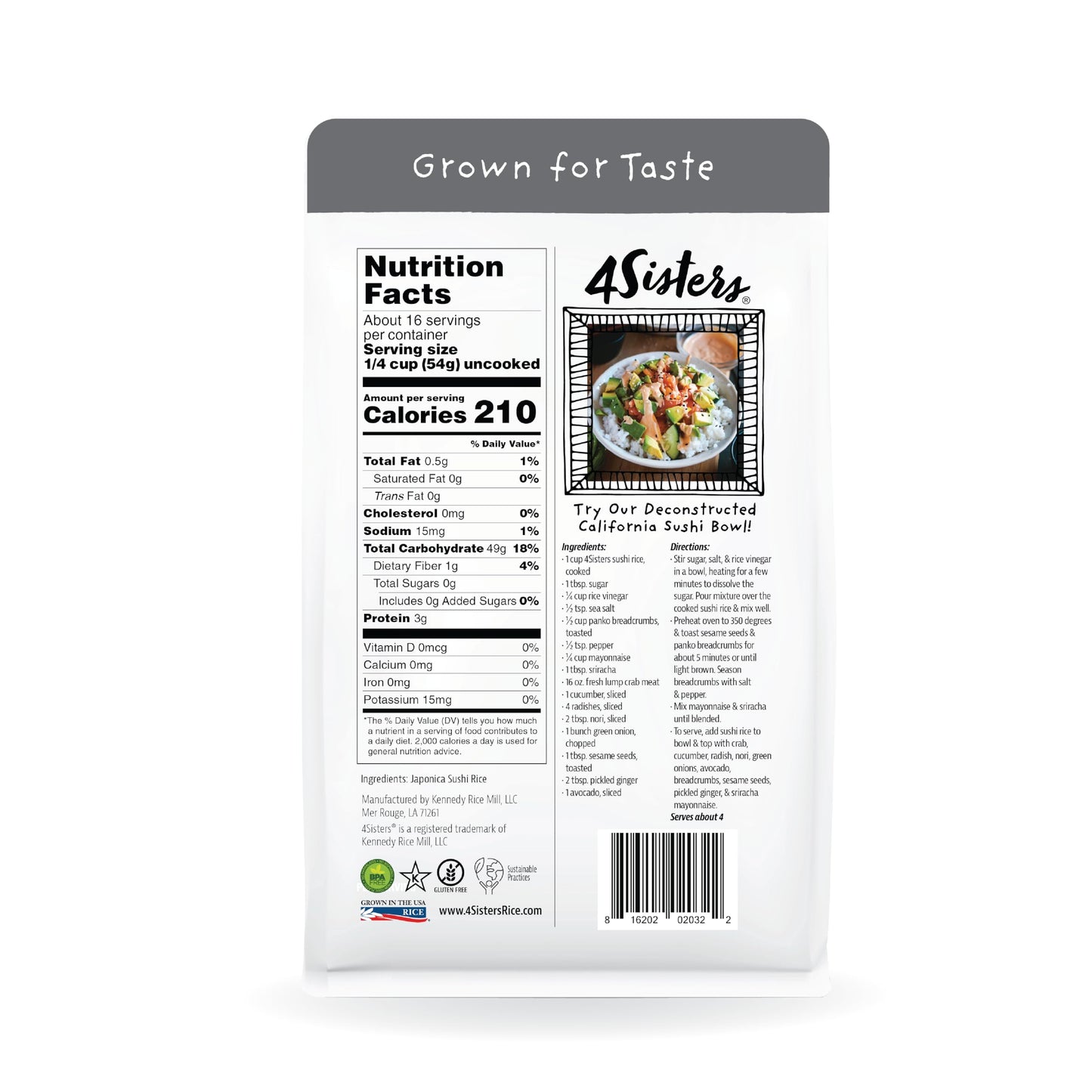 4Sisters - Authentic Short Grain Japonica Sushi Rice - Sustainably Grown - Women Owned - Farm to Table - 2lb