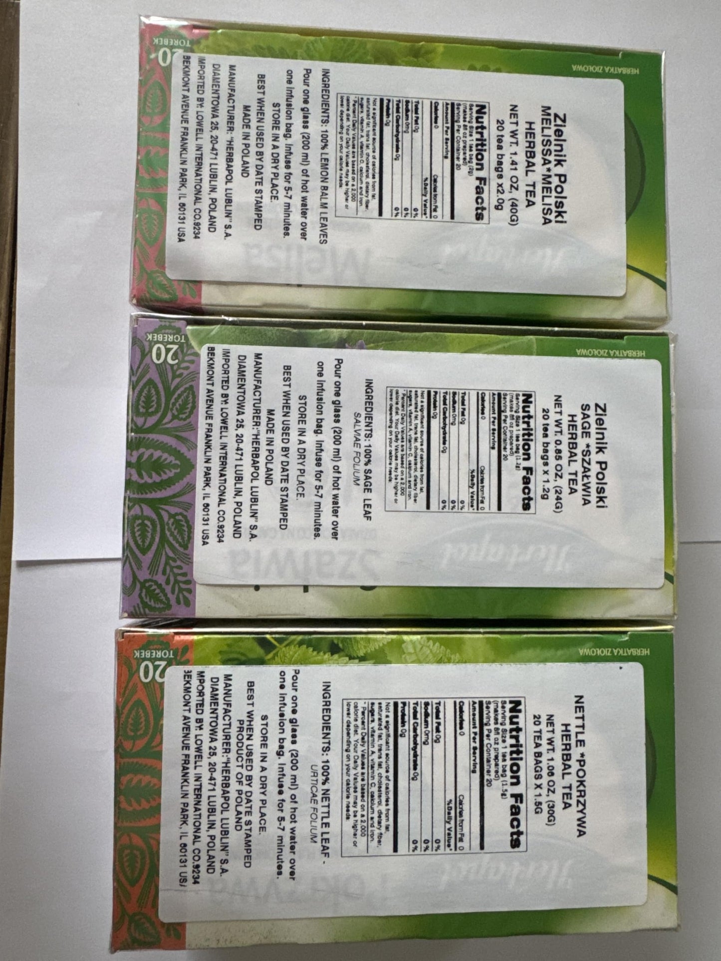 HERBAPOL Lublin HERBAL TEA (Variety Pack). NETTLE, LEMON BALM, SAGE. Natural Herbal Tea - 20 Tea Bags Each. Product from Poland.