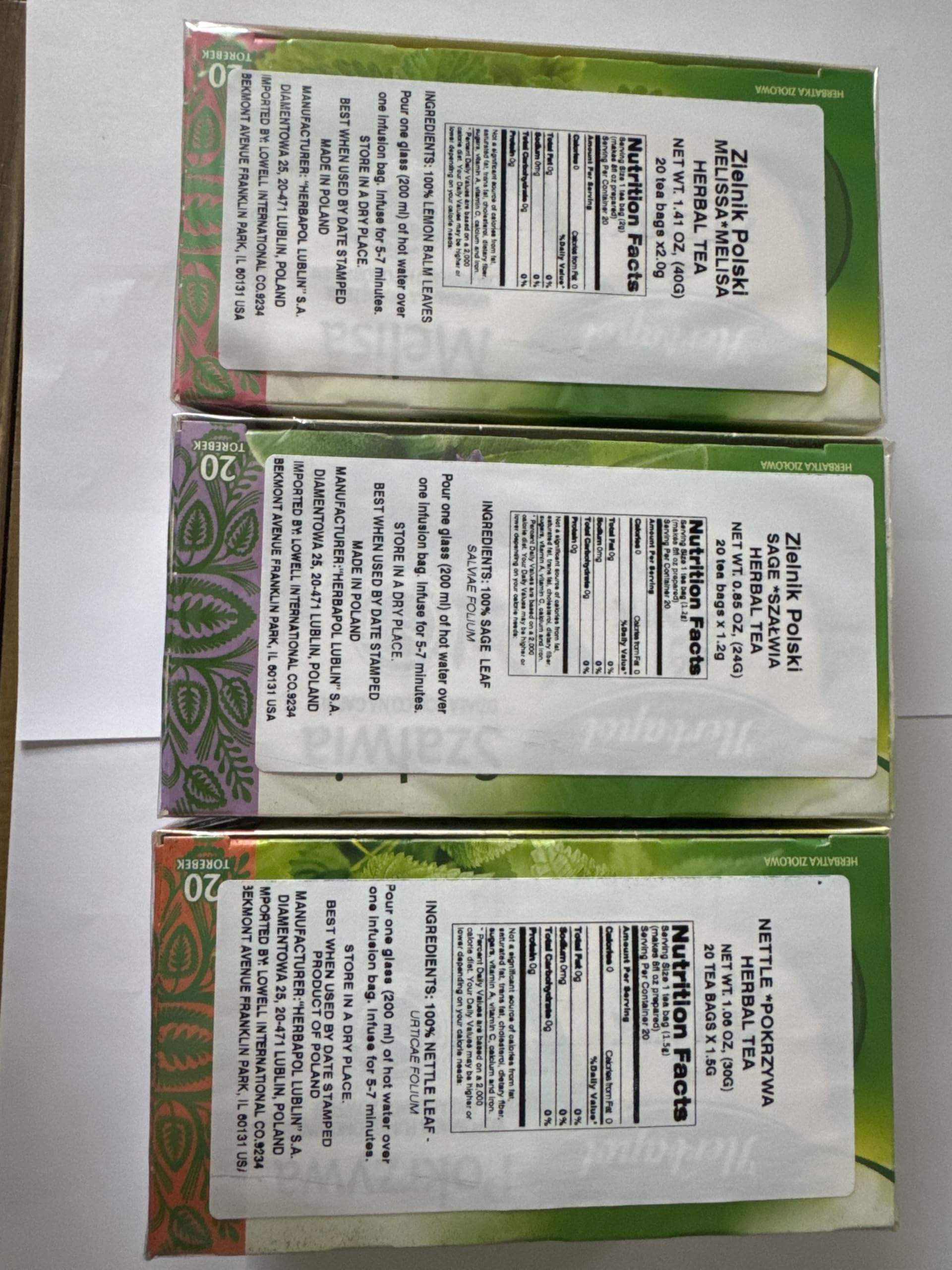 HERBAPOL Lublin HERBAL TEA (Variety Pack). NETTLE, LEMON BALM, SAGE. Natural Herbal Tea - 20 Tea Bags Each. Product from Poland.