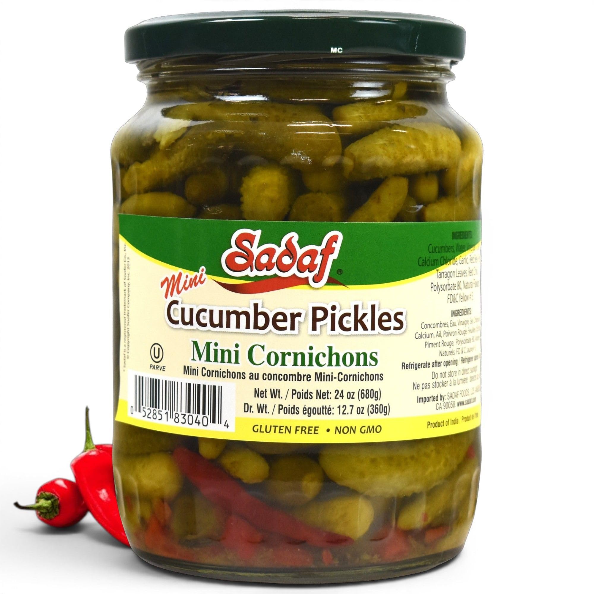 Sadaf Mini Cornichons Pickles - Cucumbers Pickles for Cooking & Snacking - Mini Cucumbers Pickled - Gluten Free - Non-GMO - Kosher - 24 oz Jar