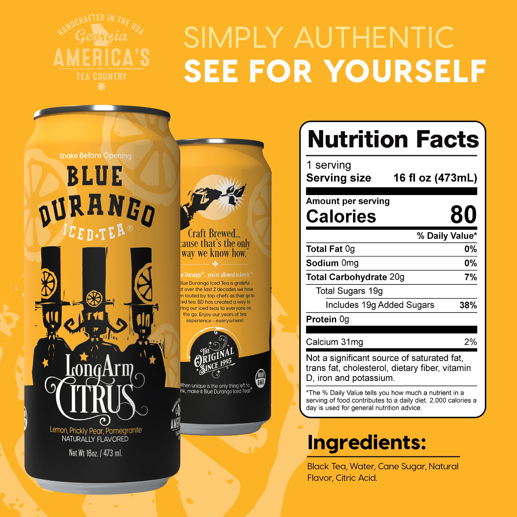 Blue Durango Iced Tea - Long Arm Citrus - Black Tea, Lemon, Prickly Pear, Pomegranate - Low Sugar, Non-GMO, No Artificial Sweeteners, Gluten-Free