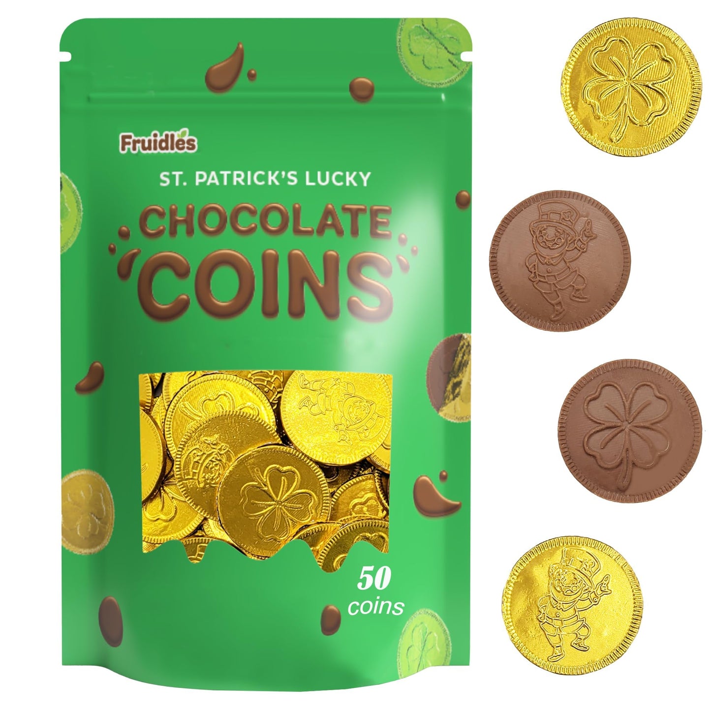 St. Patrick's Day Milk Chocolate Gold Coins 50 Coins, Shamrock & Leprechaun Themed Coins, Parties, Events and Celebrations, Perfect for Gift Bags