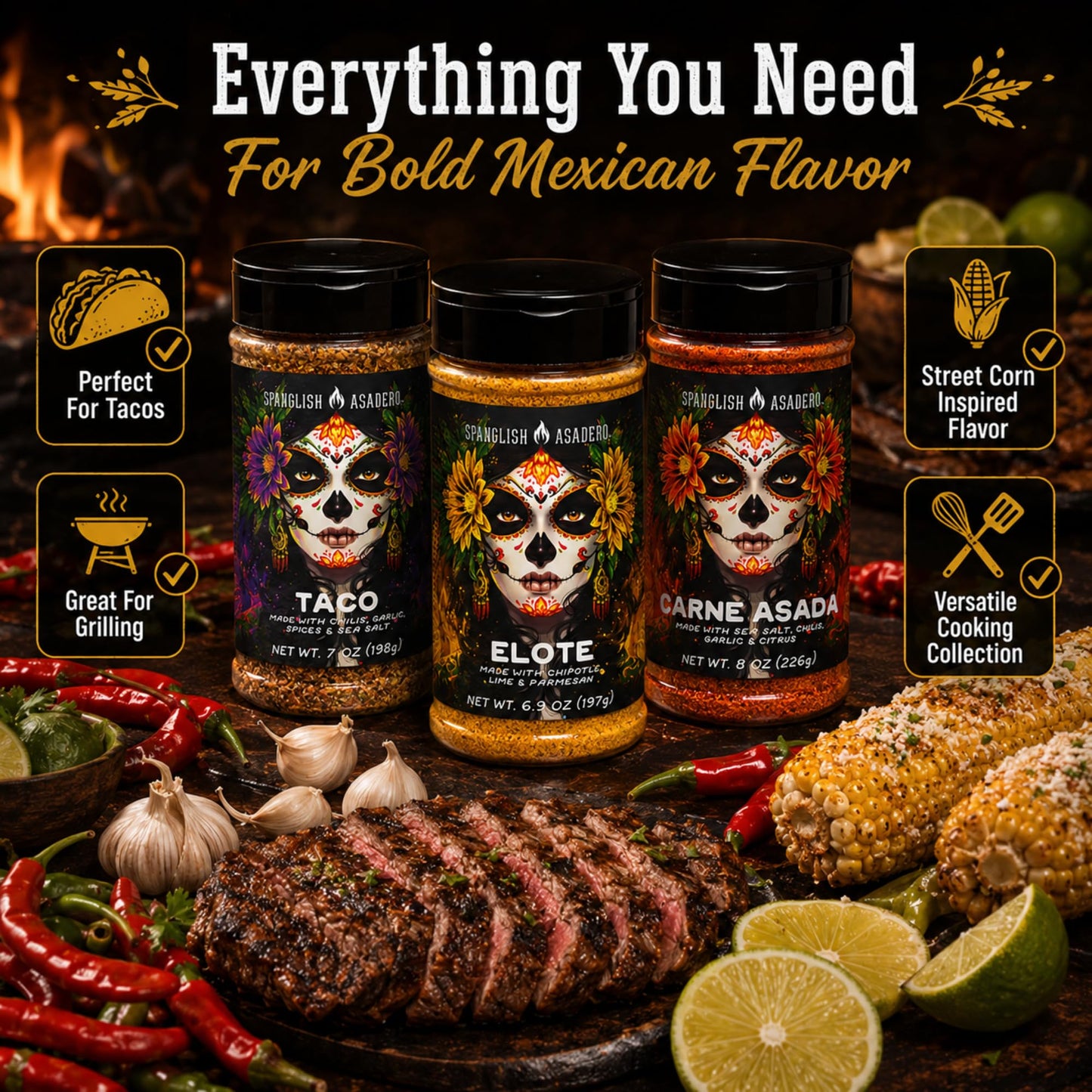 Spanglsh Asadro Mexican Street Flavor Collection, Taco, Elote & Carne Asada Seasonings, Mexican-Inspired Spice Blends for Tacos, Corn, Steak, Chicken