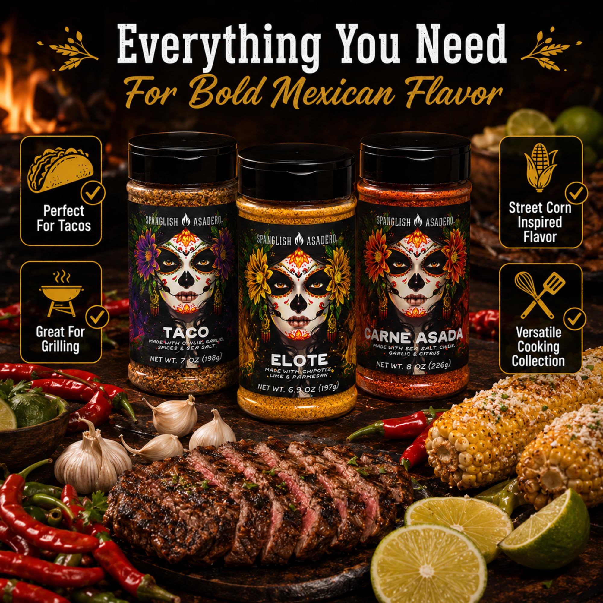 Spanglsh Asadro Mexican Street Flavor Collection, Taco, Elote & Carne Asada Seasonings, Mexican-Inspired Spice Blends for Tacos, Corn, Steak, Chicken