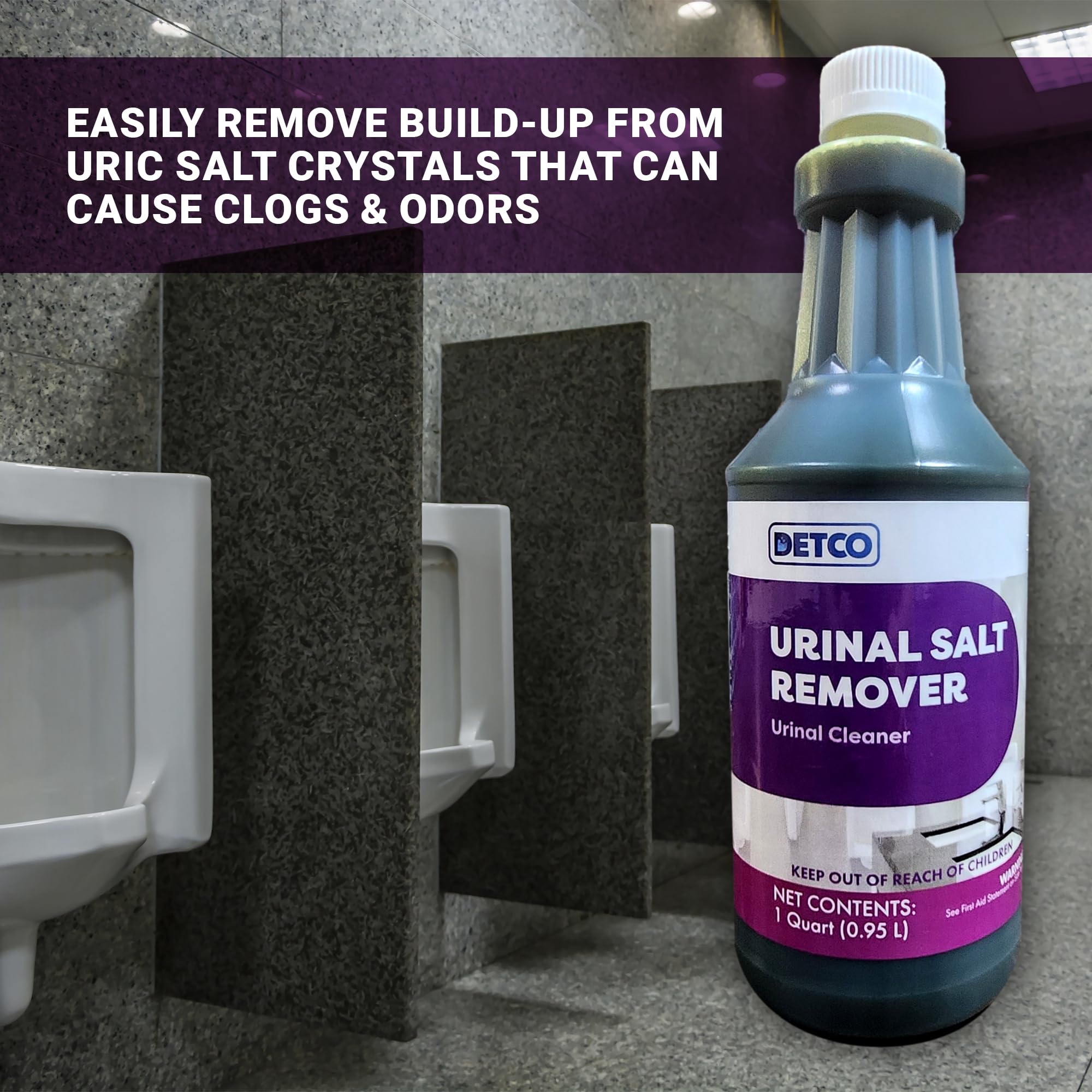 DETCO Urinal Salt Remover Concentrate - Safe on Pipes and Plumbing, Odor Control, Cleans Rust, Scale, and Uratic Salt Build-Up, 1 Quart