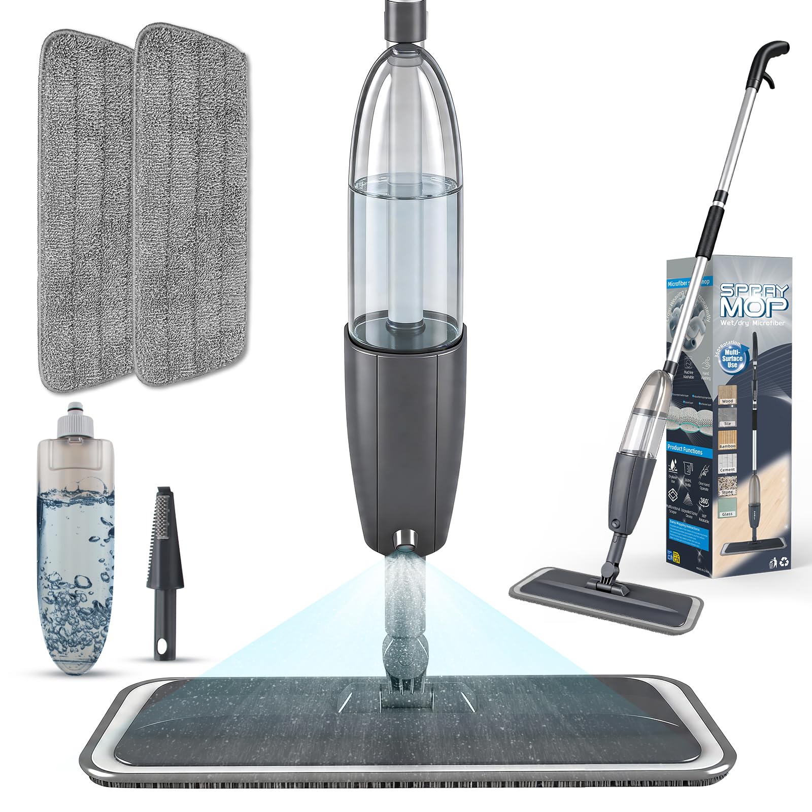 Spray Mop for Floor Cleaning with 360° Rotation - Multi-Surface Floor Cleaner for Wet/Dry Mopping Lightweight Handle for Kitchen Bathroom