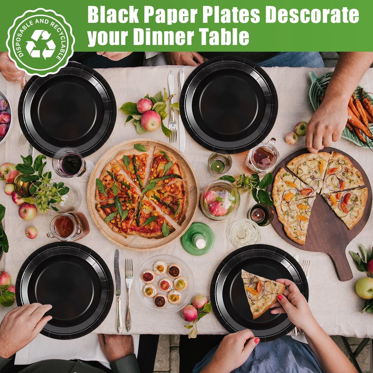 CACASO 100 PCS Black Paper Plates, 9 Inches, Contemporary Style, Round, Disposable, Heavy-Duty, Ideal for Parties, Weddings, and Holidays