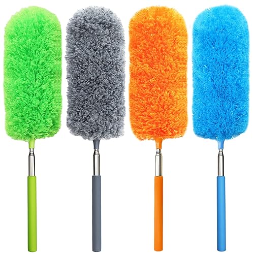 4 Pack Small Washable Microfiber Feather Duster, 13" to 30" Extendable Pole, Microfiber Head, Cleaning Tool for Office, Car, Computer, Furniture, Sofa