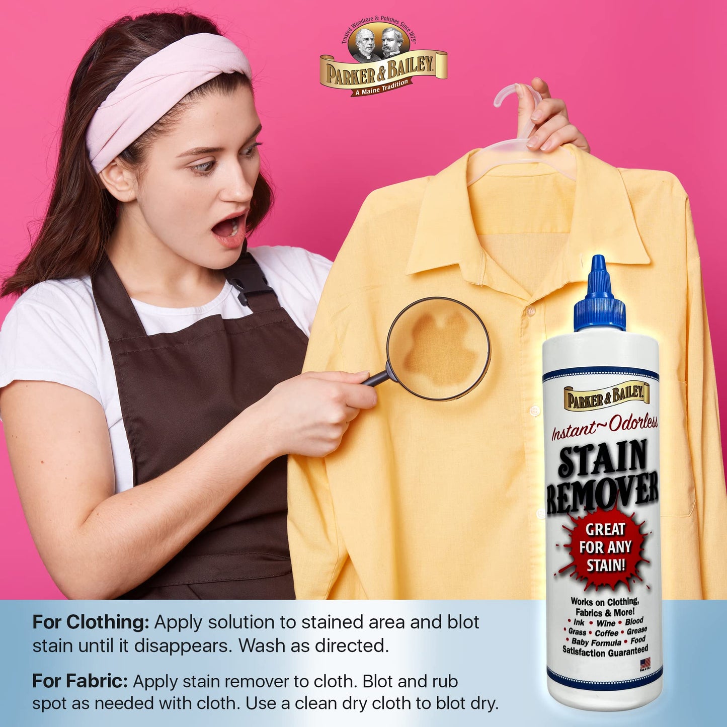 Parker & Bailey Liquid Stain Remover - Instant Stain Removal on Laundry Clothing Fabric Ink Grease Blood Grass Coffee Wine Food Carpet Upholstery Spot