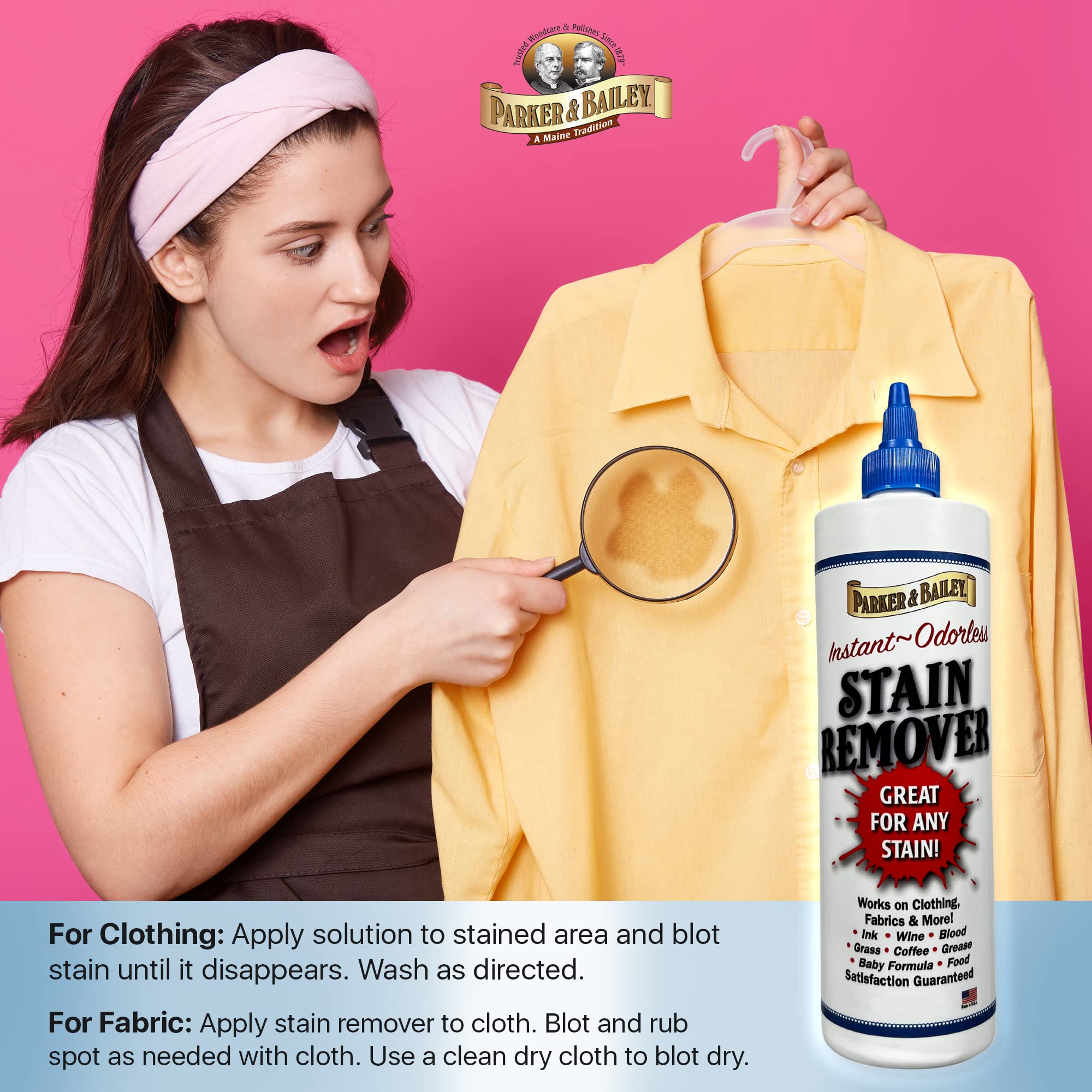 Parker & Bailey Liquid Stain Remover - Instant Stain Removal on Laundry Clothing Fabric Ink Grease Blood Grass Coffee Wine Food Carpet Upholstery Spot