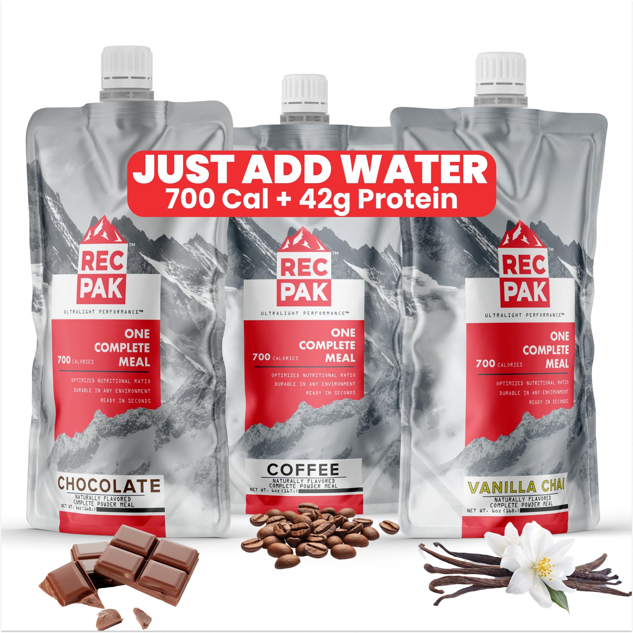 RecPak | 700 Cal, 43g Protein, Complete Nutrition for Backcountry Athletes | No-Cook Lightweight Liquid Meal for Mountaineering Backpacking Sking