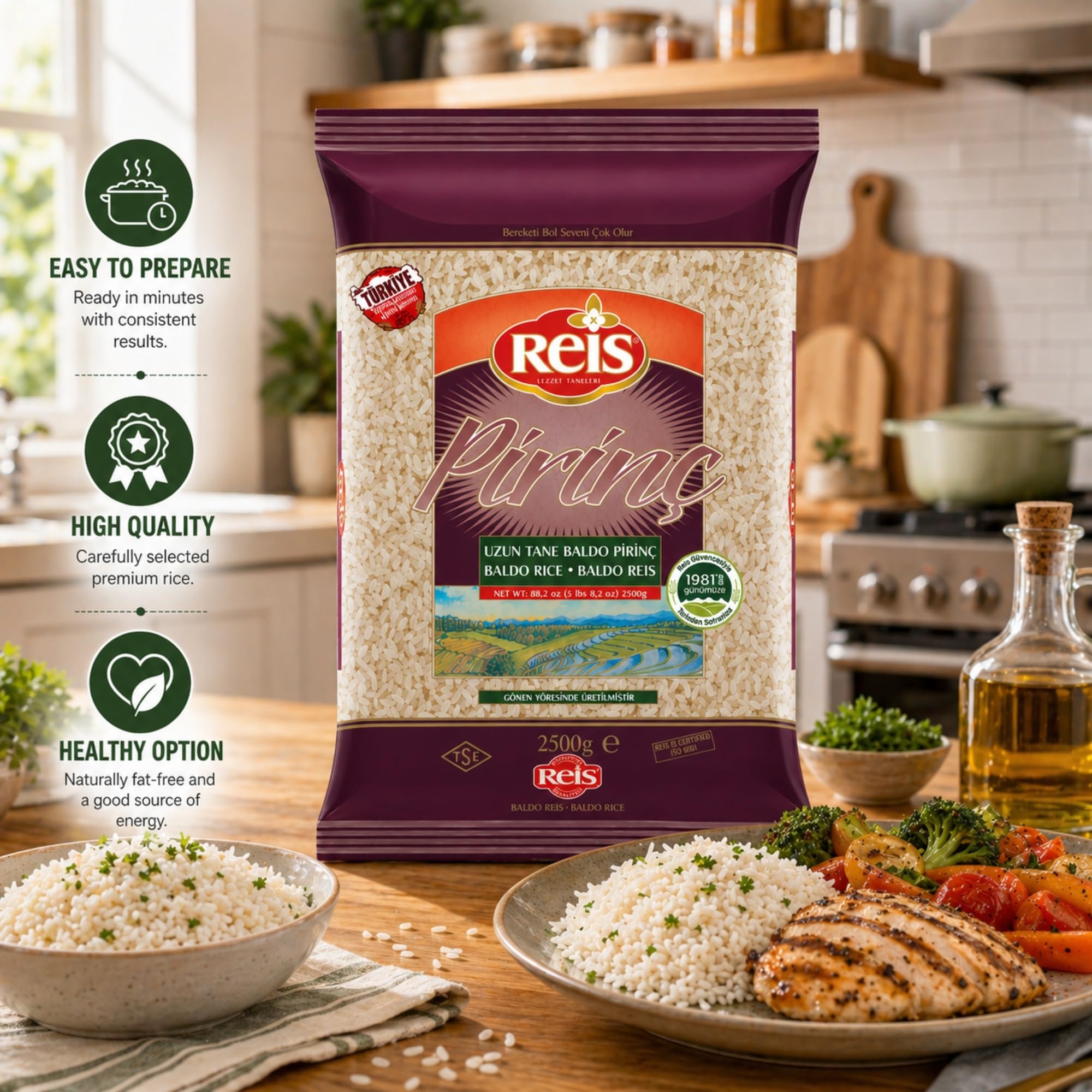 Reis Baldo Rice, Long Grain White Rice, Natural Cereal Bag for Pilafs & Meals, Healthy Pantry Staples, Turkish Grocery Foods, Non-GMO, Bulk, Arroz, Pirinc, Vegan, Halal, 5.5 Lbs (2500g)