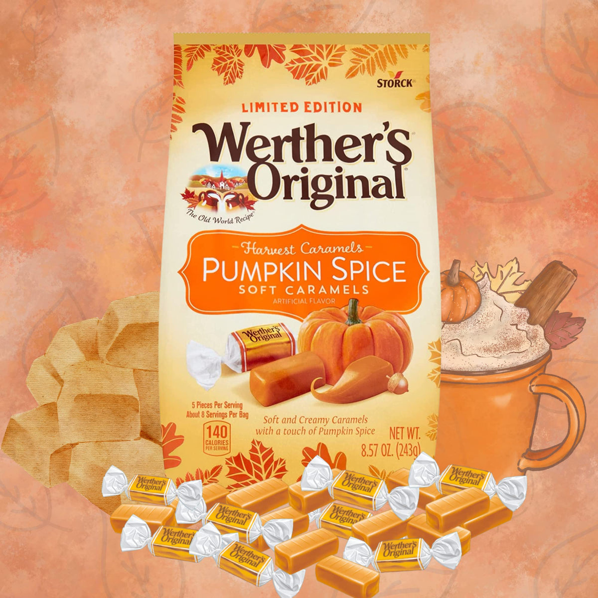 Werther's Original Pumpkin Spice and Caramel Apple Soft Caramels, Pack of 2