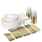 Neatiffy 225 Pcs Gold Rim Plastic Dinnerware Set (25 Guest) | 25 x (Dinner Plate, Dessert Plate, Gold Plastic Silverware, Cup, Napkin, Straw) |