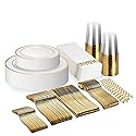 Neatiffy 225 Pcs Gold Rim Plastic Dinnerware Set (25 Guest) | 25 x (Dinner Plate, Dessert Plate, Gold Plastic Silverware, Cup, Napkin, Straw) |