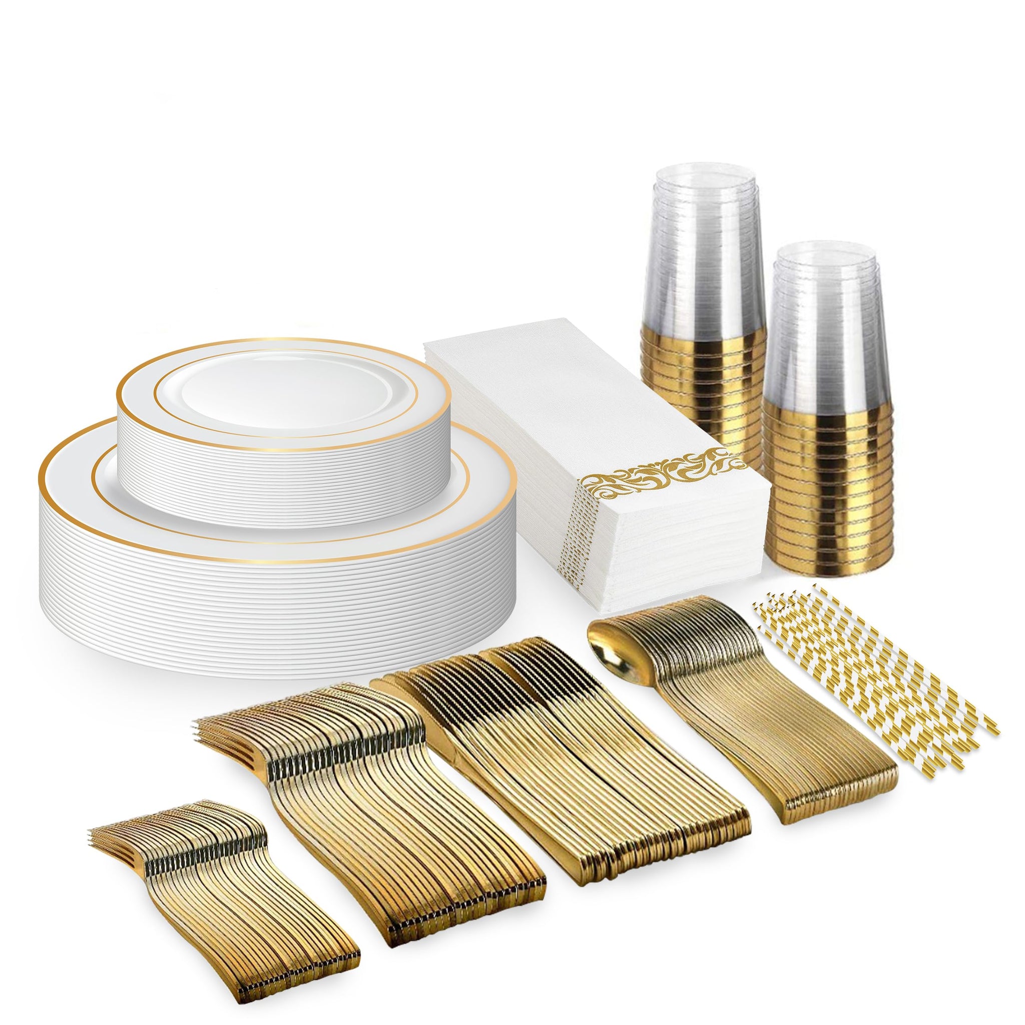 Neatiffy 225 Pcs Gold Rim Plastic Dinnerware Set (25 Guest) | 25 x (Dinner Plate, Dessert Plate, Gold Plastic Silverware, Cup, Napkin, Straw) |
