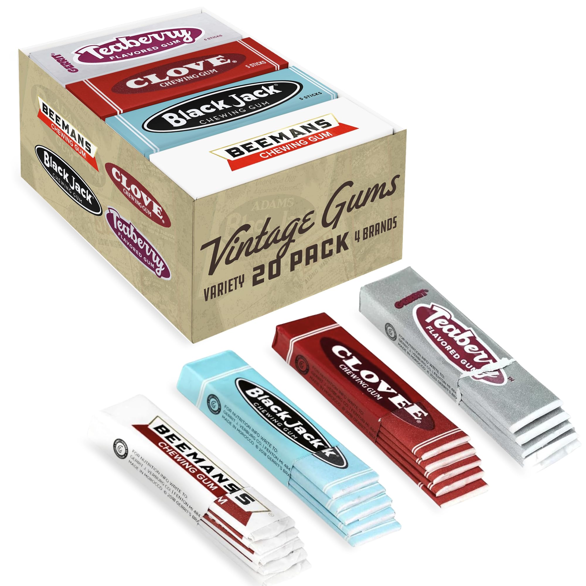 Gerrit's 20 Count Variety Gum Pack - Clove, Beeman's, Teaberry, & Black Jack Nostalgic Chewing Gum Bulk Pack, Old-Fashioned Candy, 4 Flavors, Old