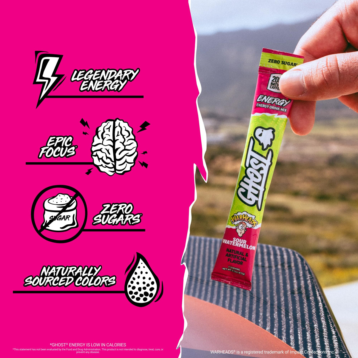 GHOST Sugar-Free Energy Drink Packets, Warheads Sour Watermelon, 24 Sticks