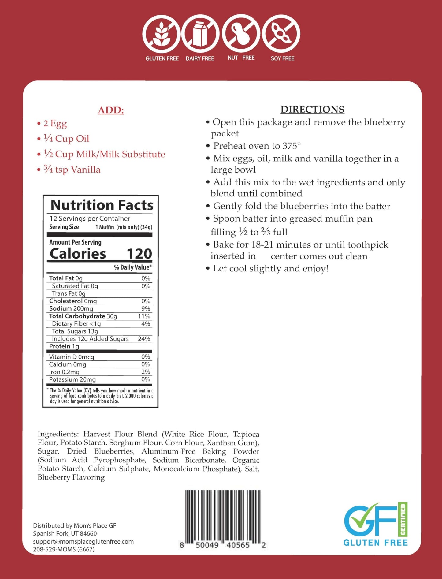 Mom's Place Gluten-Free Blueberry Muffin Mix, Easy to Make, Nut Free, Soy Free & Dairy Free, 12 Servings, 14.5 oz