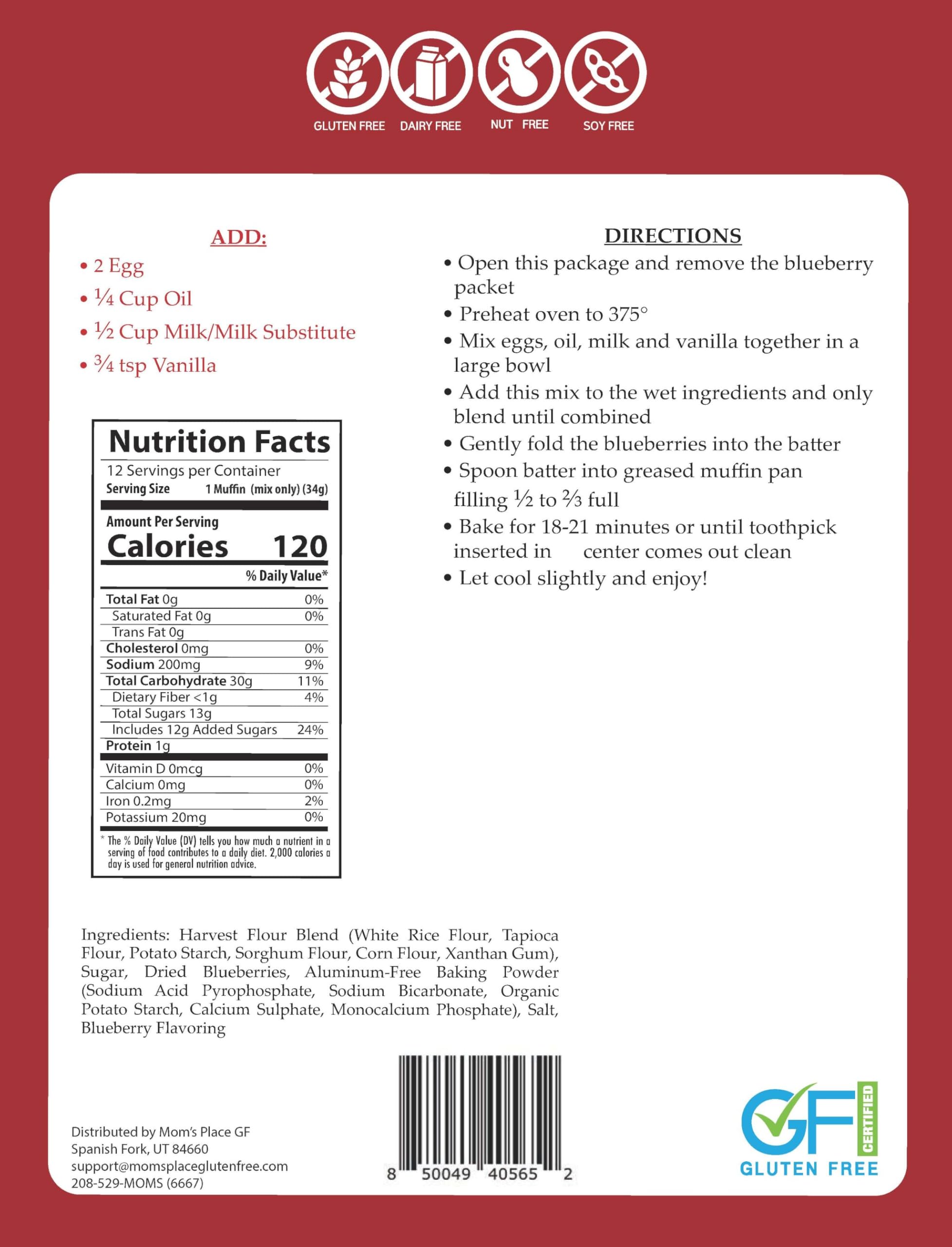 Mom's Place Gluten-Free Blueberry Muffin Mix, Easy to Make, Nut Free, Soy Free & Dairy Free, 12 Servings, 14.5 oz