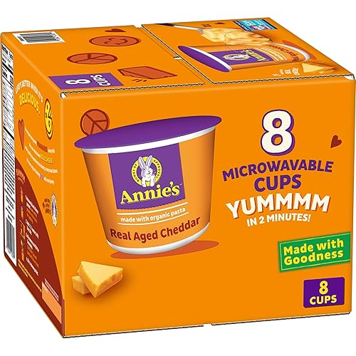 Annie's Real Aged Cheddar with Organic Pasta, Macaroni and Cheese Microwavable Cups, Made with Real Cheese, 8 Ct, 16.08 oz