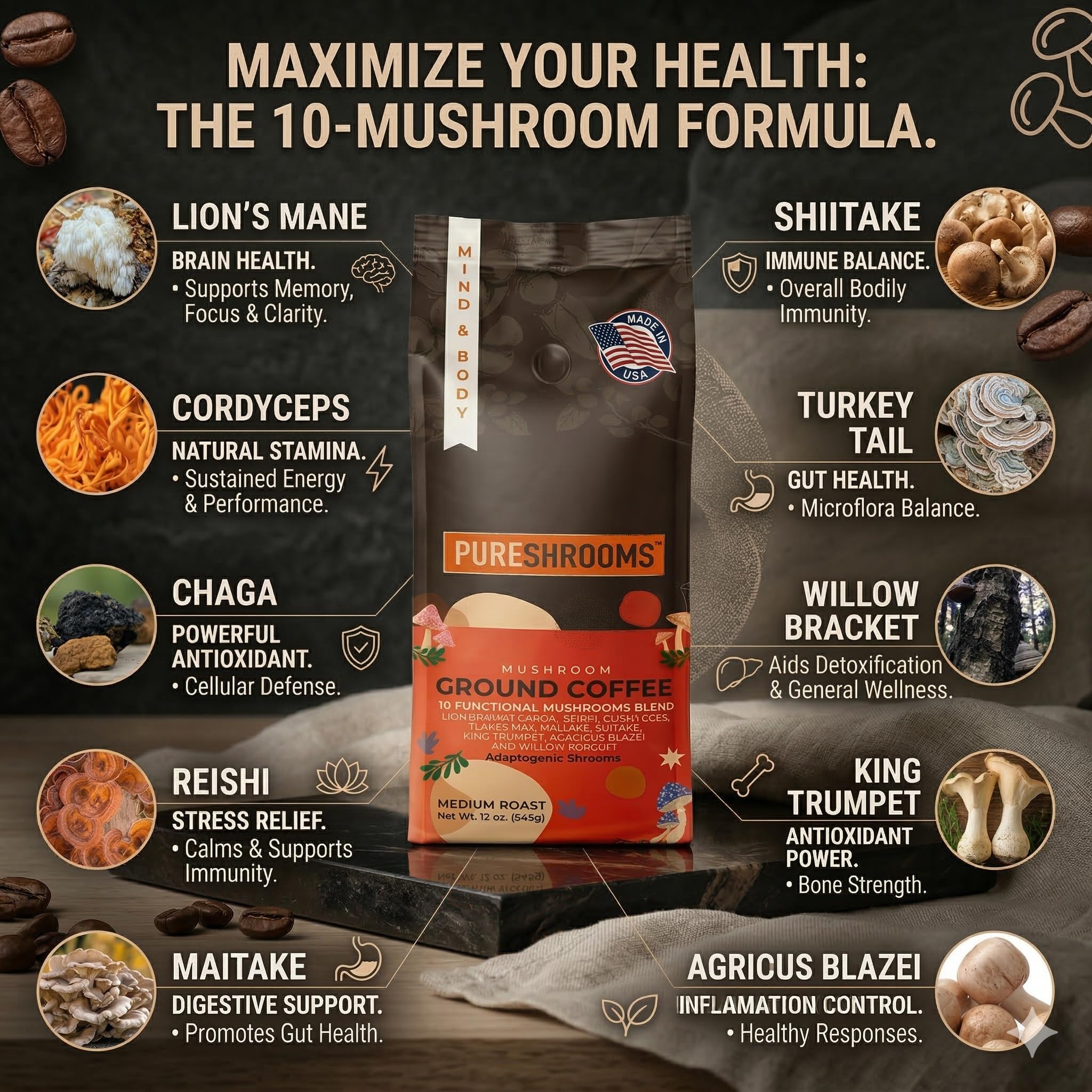 Mushroom Ground Coffee w/ 10 Organic Mushroom Extracts - King Trumpet, Agaricus Blazei, Willow Bracket, Lion's Mane, Chaga, Reishi, Cordyceps, Turkey