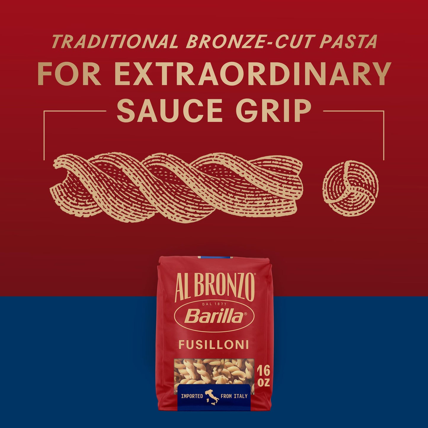 Barilla Al Bronzo Fusilloni Pasta (1 lb), Bronze Cut Pasta Created from High Quality Durum Wheat, Imported from Italy, Non-GMO, Kosher