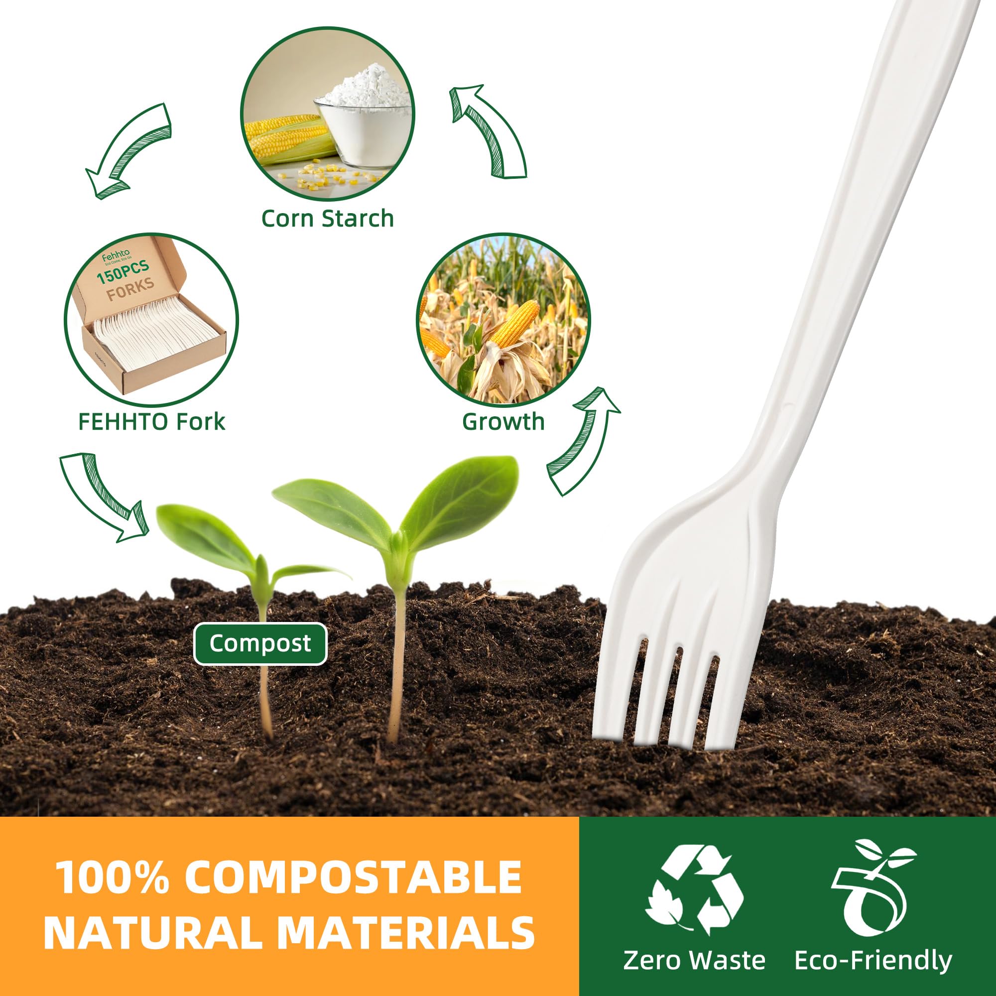 FEHHTO 100% Compostable Fork, 7" Disposable Cornstarch Forks Heavy Duty Cutlery BPI Certified Eco-Friendly Utensils Biodegradable Party Dinner