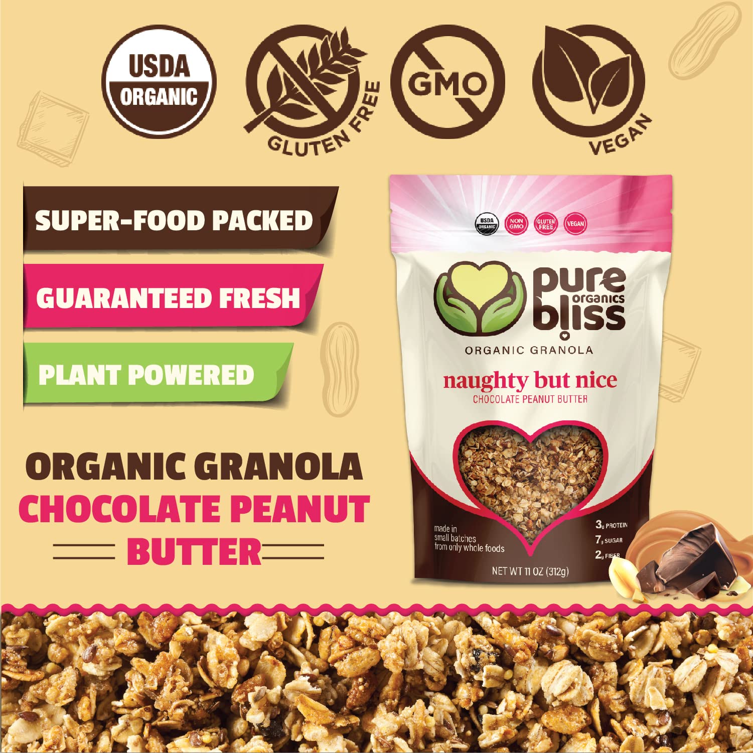 Pure Bliss Organic Granola (Chocolate Peanut Butter) Vegan, Gluten Free, Non-GMO, Best Tasting Natural Healthy Vegan Snack, Hand Made Delicious
