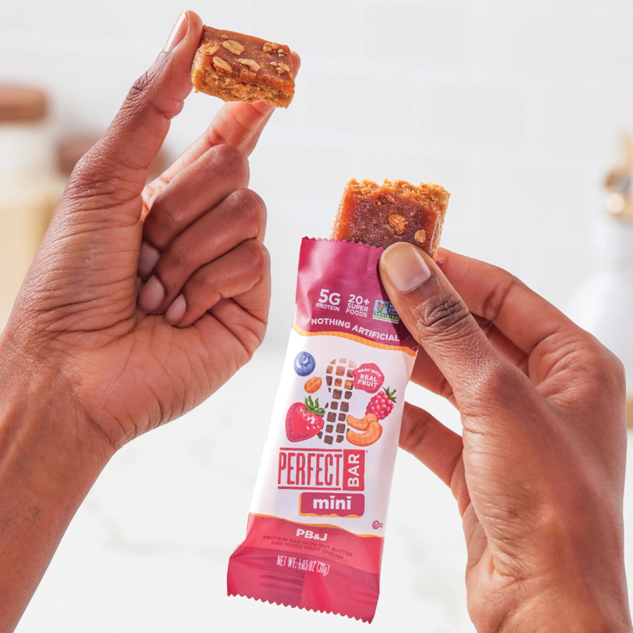 Perfect Bar Mini Protein Bars, PB&J, Gluten Free, Made with Organic Honey, Peanut Butter, Real Fruit, Cookie Dough Texture, Refrigerated, 18 Count