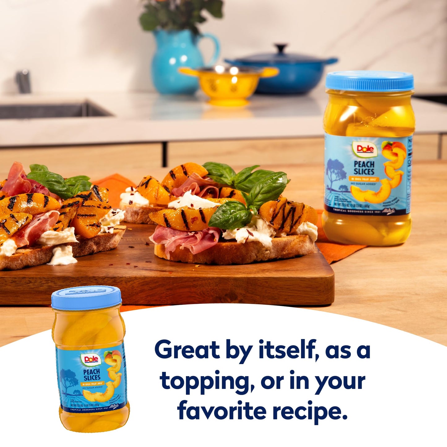 Dole Fruit Jars, Yellow Cling Sliced Peaches in 100% Fruit Juice, Gluten Free, Pantry Staples, 23.5 Oz Resealable Jar