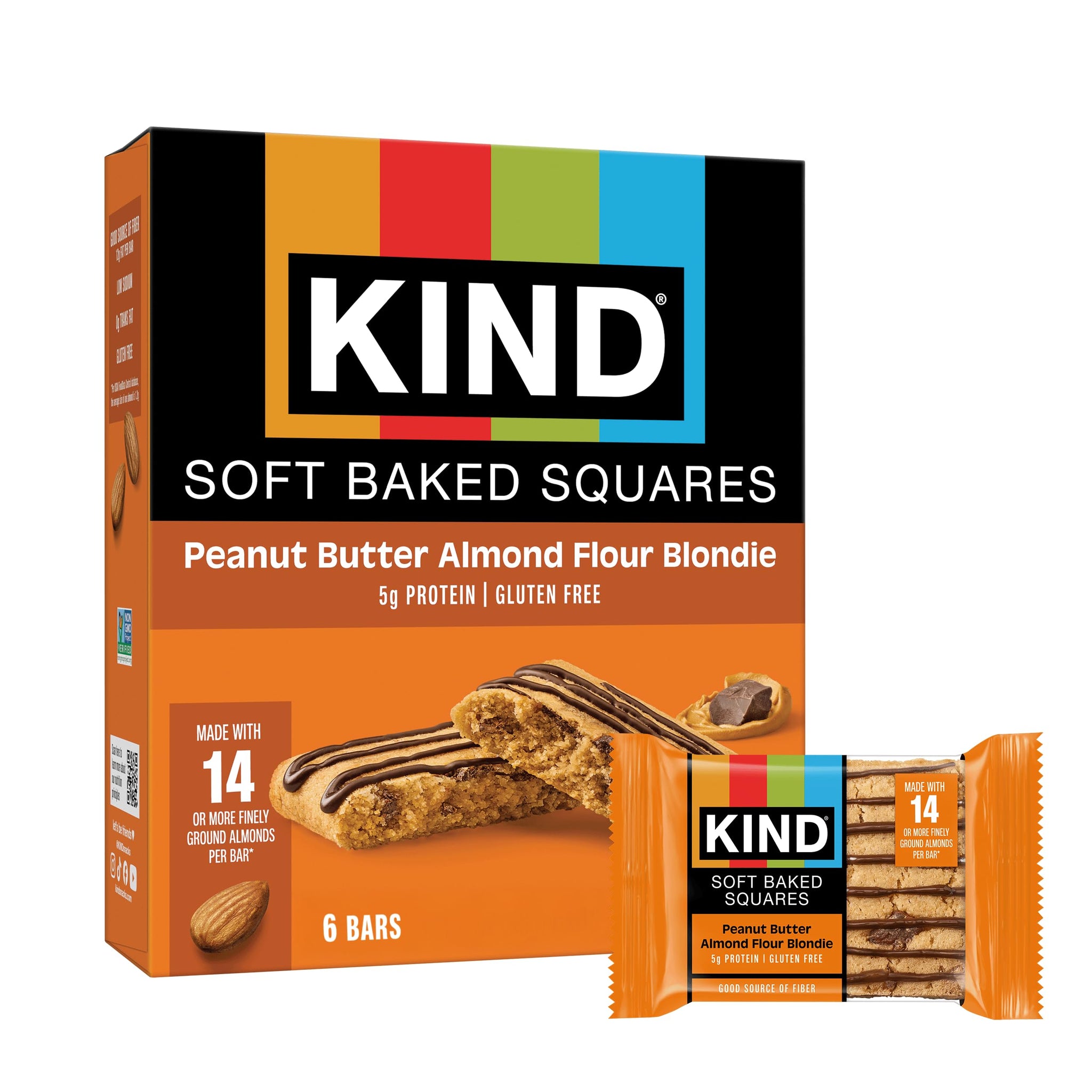 KIND Soft Baked Squares, Peanut Butter Almond Flour Blondie, Gluten Free, Healthy Snack Bars, 5g Protein, 6 Count