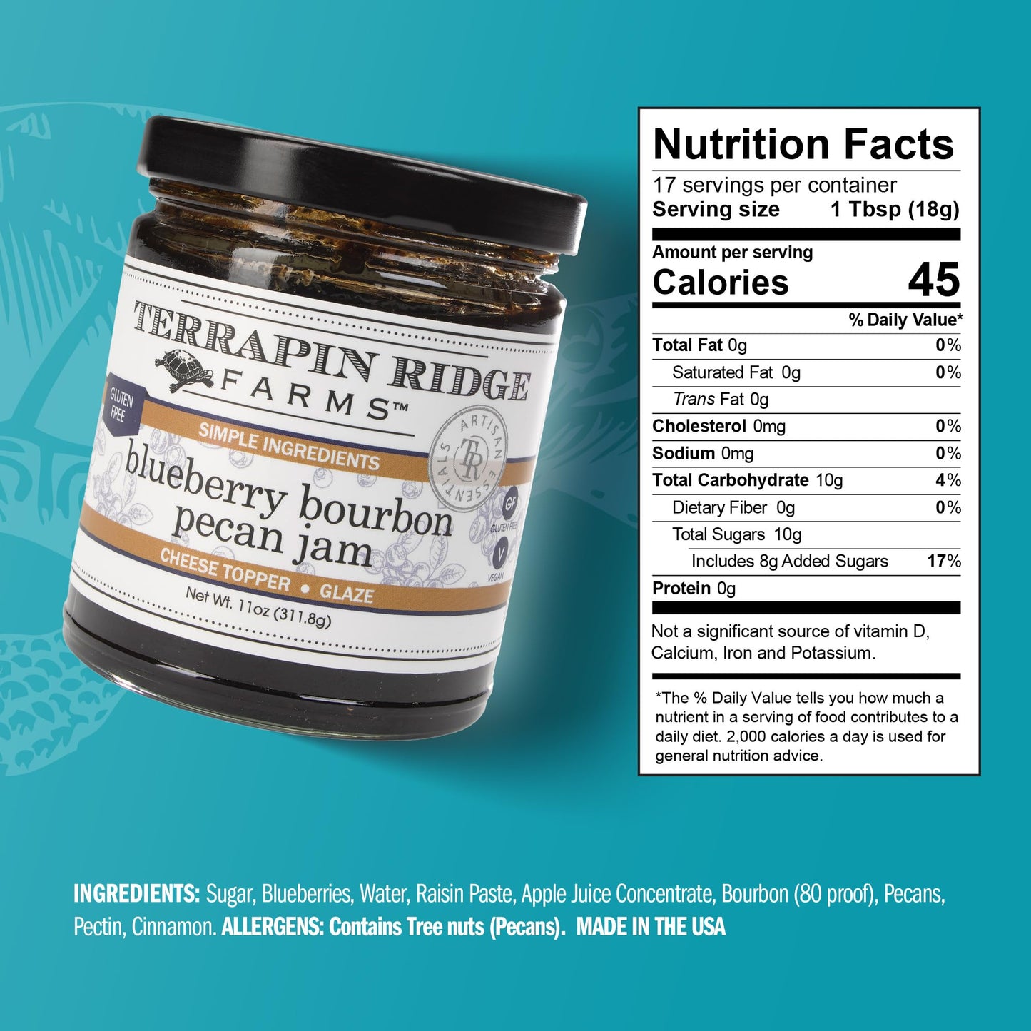 Terrapin Ridge Farms Blueberry Bourbon Pecan Jam - Sweet & Flavorful Jam with Blueberries, Pecans, Raisins, Cinnamon, and Bourbon - Perfect for Toast