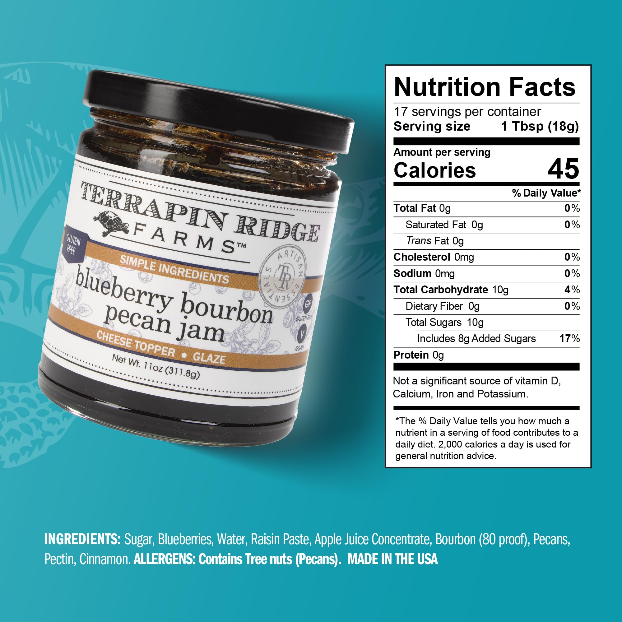 Terrapin Ridge Farms Blueberry Bourbon Pecan Jam - Sweet & Flavorful Jam with Blueberries, Pecans, Raisins, Cinnamon, and Bourbon - Perfect for Toast